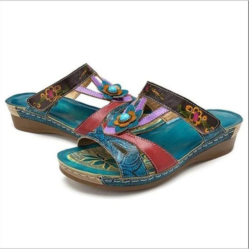 Wholesale PU Bohemian Ethnic Flower Slippers